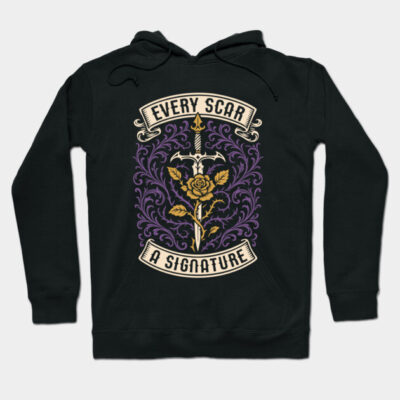 Black hoodie with "Every Scar a Signature" text and floral sword design, ideal for casual wear, cotton material.