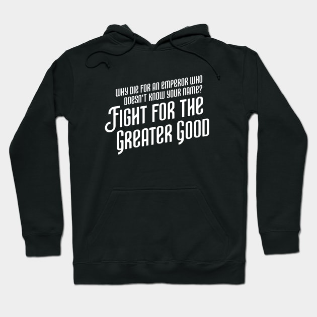 Black unisex hoodie with "Fight for the Greater Good" slogan, casual style, ideal for everyday wear, soft cotton blend.