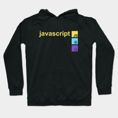 Black JavaScript-themed hoodie with colorful icons, featuring a front pocket and drawstrings. Perfect for tech enthusiasts.