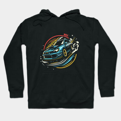 Black hoodie with colorful car graphic design, featuring WRX text. Ideal for casual wear, made from soft cotton blend.