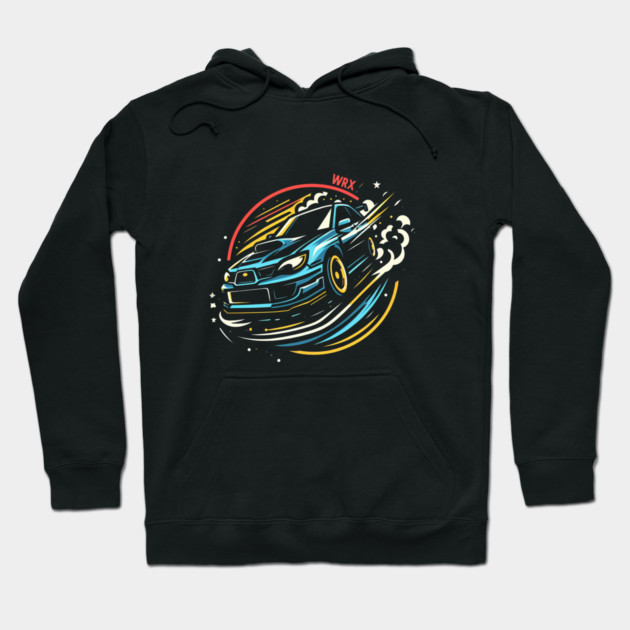 Black hoodie with colorful car graphic design, featuring WRX text. Ideal for casual wear, made from soft cotton blend.