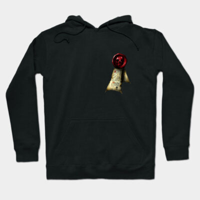 Black hooded sweatshirt with red wax seal graphic, featuring a scroll design. Cozy cotton blend, casual style for everyday wear.