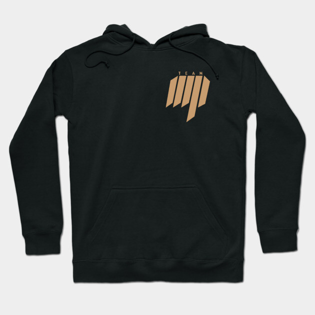 Black cotton hoodie with minimalist beige logo design, featuring a front pocket and adjustable drawstring hood.