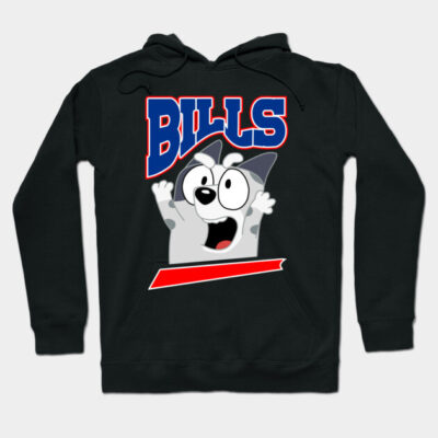 Black hoodie with playful cartoon graphic and "BILLS" text, casual style, ideal for everyday wear.