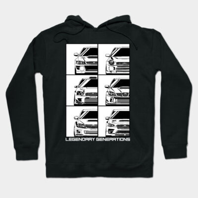Black hoodie with "Legendary Generations" car graphic design, casual style, cotton blend, ideal for car enthusiasts.