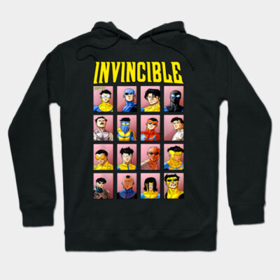 Black hoodie with colorful comic book characters and "Invincible" text, perfect for casual wear or comic fans.