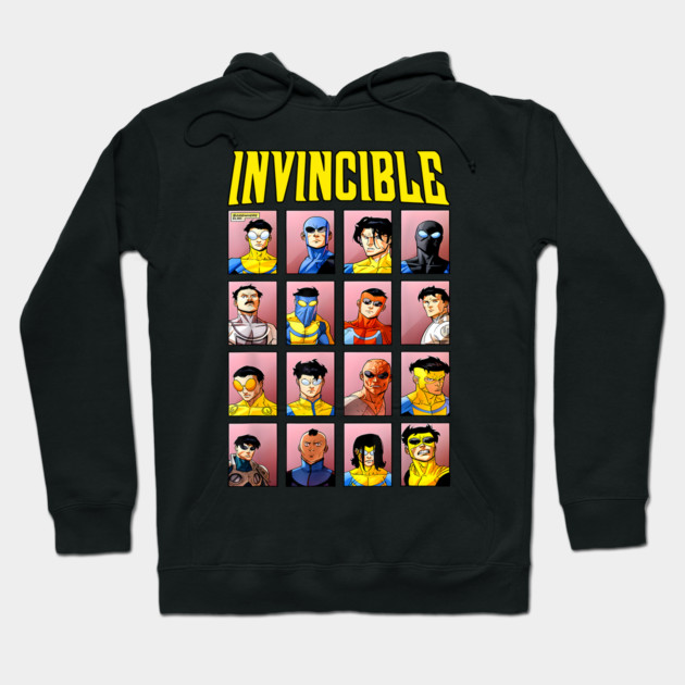 Black hoodie with colorful comic book characters and "Invincible" text, perfect for casual wear or comic fans.