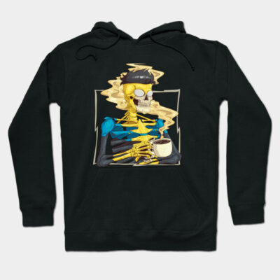 Black hoodie with colorful skeleton design, featuring a steaming coffee cup, made from soft cotton for casual wear.