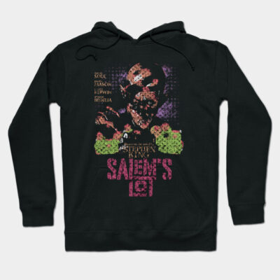Black graphic hoodie featuring horror-themed design, perfect for casual wear and fans of suspenseful stories.