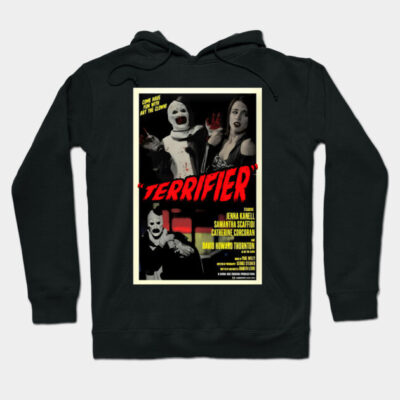 Black "Terrifier" hoodie with horror movie poster design, cotton material, casual wear, perfect for horror fans.