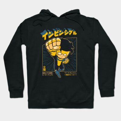 Black hoodie with colorful graphic design featuring bold text and dynamic illustration, perfect for casual wear.