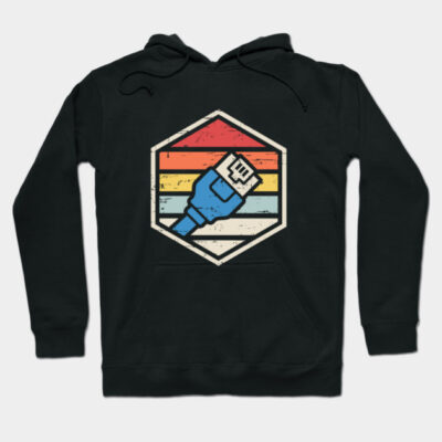 Black hoodie with retro hexagon graphic and blue cable design, cozy cotton blend, casual and stylish wear.