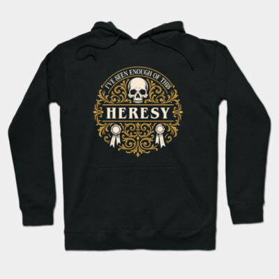 Black graphic hoodie with gold ornate skull design and "Heresy" text, ideal for casual wear, cotton blend material.