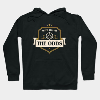 Black hoodie with "Never Tell Me The Odds" text and geometric design, casual style, cotton material, unisex.