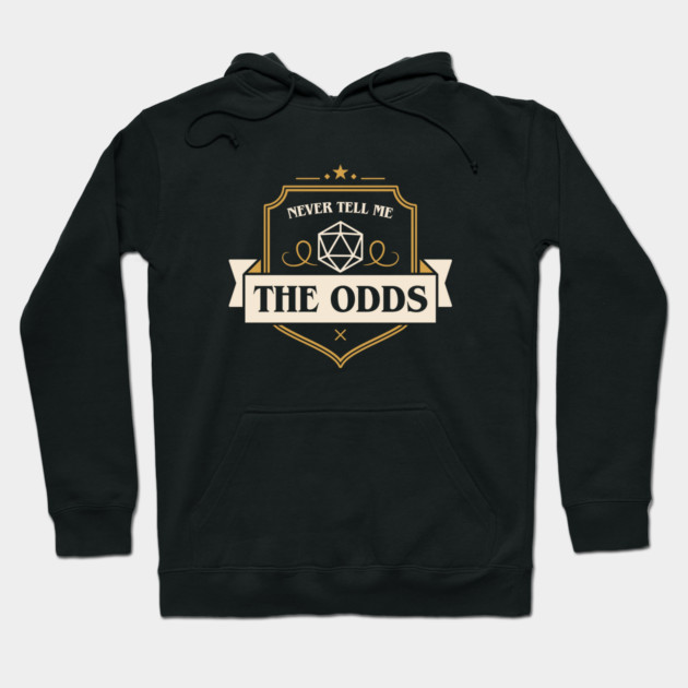 Black hoodie with "Never Tell Me The Odds" text and geometric design, casual style, cotton material, unisex.