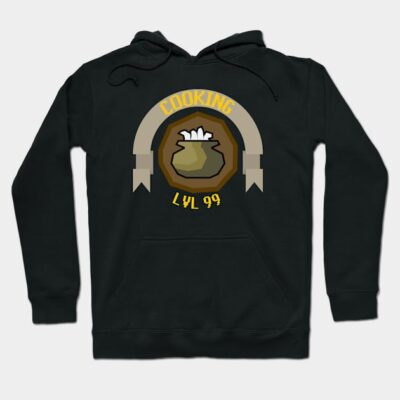 Black hoodie with "Cooking LVL 99" graphic, featuring a pot design. Casual style, perfect for gamers and fans.