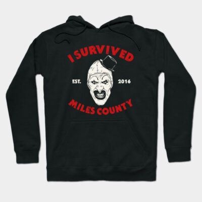 Black "I Survived Miles County" hoodie with bold red text and graphic, cotton material, casual style for everyday wear.