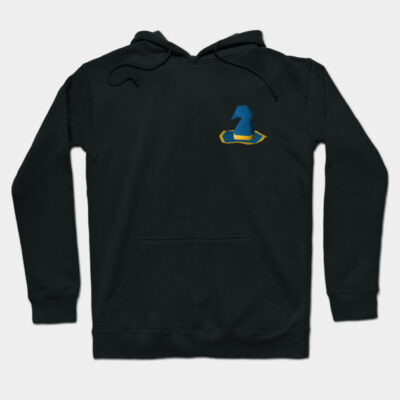 Black hooded sweatshirt with blue and yellow abstract design, cotton blend, casual wear, unisex, front pocket.