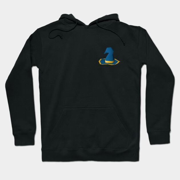 Black hooded sweatshirt with blue and yellow abstract design, cotton blend, casual wear, unisex, front pocket.