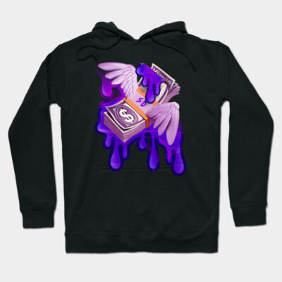 Black hoodie with vibrant purple winged dollar graphic, casual streetwear style, perfect for everyday use.