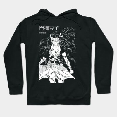 Black anime-themed hoodie with intricate white design, featuring character art and Japanese text, ideal for casual wear.