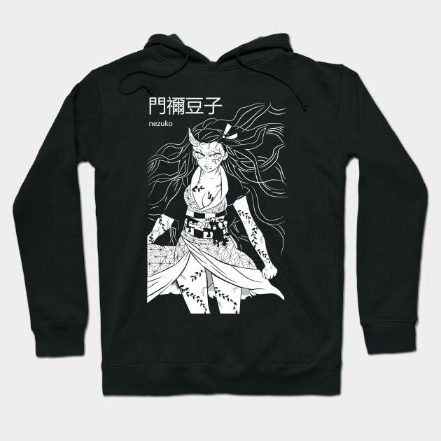 Black anime-themed hoodie with intricate white design, featuring character art and Japanese text, ideal for casual wear.
