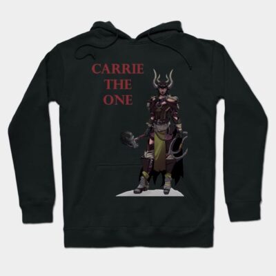 Black hoodie with fantasy warrior graphic and "Carrie the One" text, ideal for casual wear, cotton blend material.