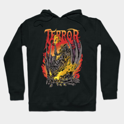 Black hoodie with bold graphic design featuring fiery red and yellow elements, perfect for casual wear and warmth.