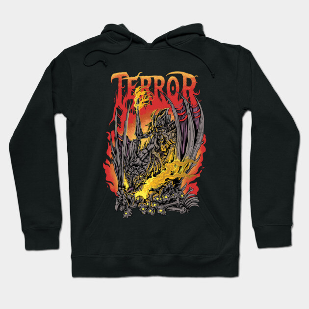 Black hoodie with bold graphic design featuring fiery red and yellow elements, perfect for casual wear and warmth.