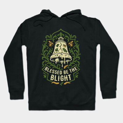 Black hoodie with "Blessed Be the Blight" design, green ornate bell graphic, perfect for casual wear.