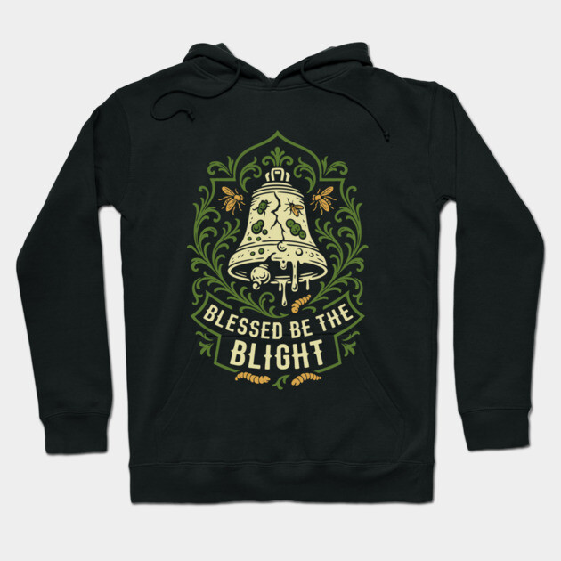 Black hoodie with "Blessed Be the Blight" design, green ornate bell graphic, perfect for casual wear.