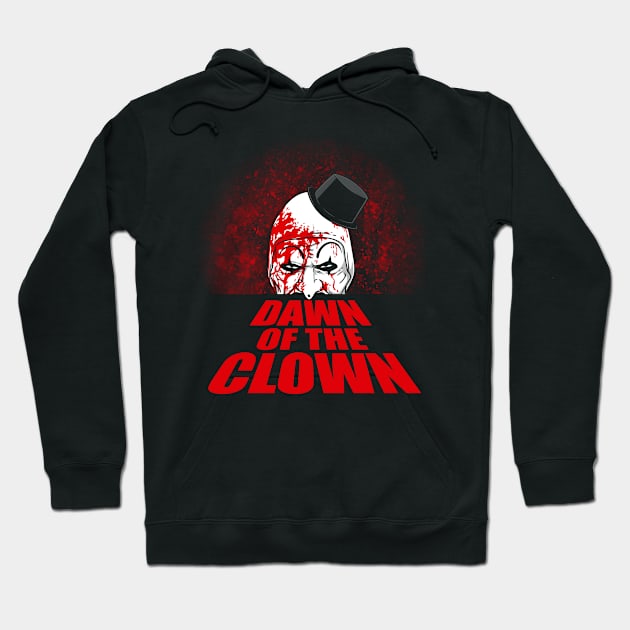 Black hoodie featuring "Dawn of the Clown" graphic design in red, perfect for casual wear or Halloween events.