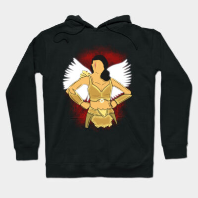Black hoodie featuring a graphic of a powerful warrior in gold armor with white wings, ideal for casual wear.