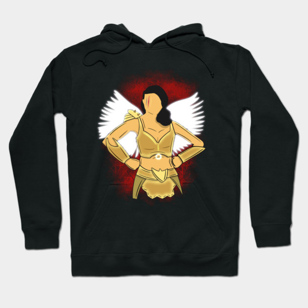 Black hoodie featuring a graphic of a powerful warrior in gold armor with white wings, ideal for casual wear.