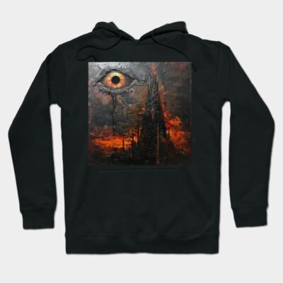 Black hoodie with dark fantasy eye and tower design, perfect for casual wear. Cotton blend, comfortable and stylish.