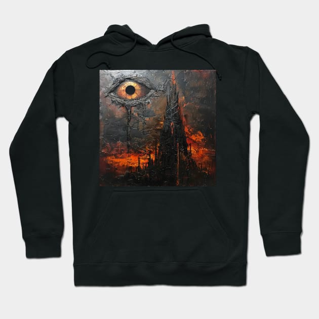 Black hoodie with dark fantasy eye and tower design, perfect for casual wear. Cotton blend, comfortable and stylish.