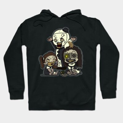 Black hoodie with a whimsical cartoon design, featuring playful characters, perfect for casual wear and comfort.