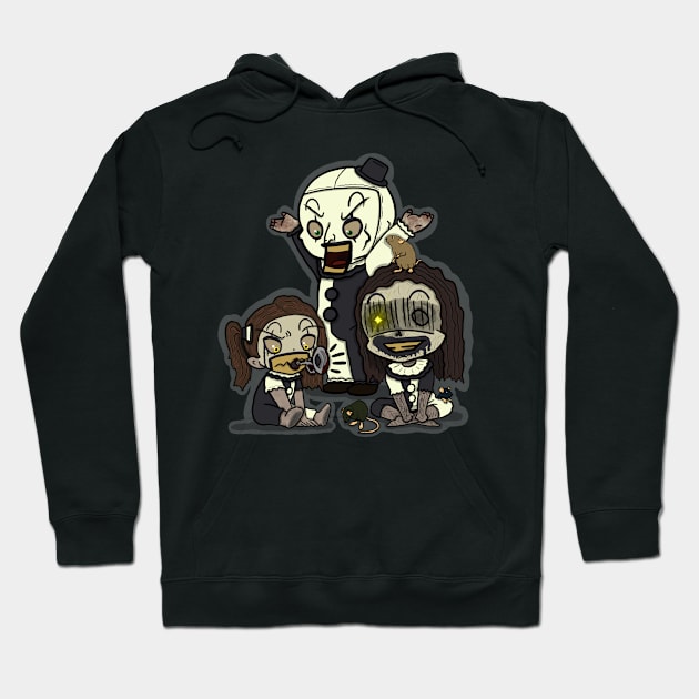 Black hoodie with a whimsical cartoon design, featuring playful characters, perfect for casual wear and comfort.