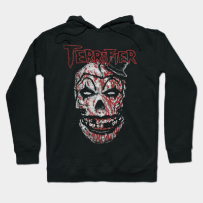 Black hoodie with horror-themed graphic and the word "Terrifier" in red, perfect for casual wear and Halloween events.