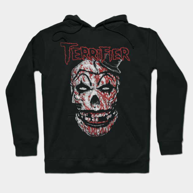 Black hoodie with horror-themed graphic and the word "Terrifier" in red, perfect for casual wear and Halloween events.