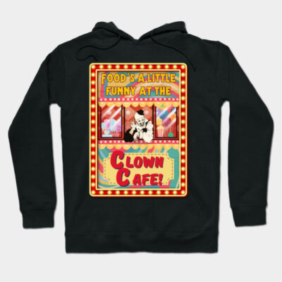 Black hoodie with colorful "Clown Cafe" graphic, featuring text and whimsical design, ideal for casual wear.