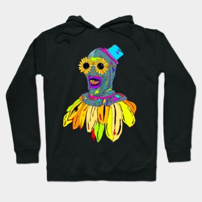Black hoodie with vibrant, abstract graphic design featuring colorful mask and floral elements. Ideal for casual wear.