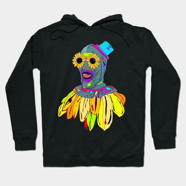 Black hoodie with vibrant, abstract graphic design featuring colorful mask and floral elements. Ideal for casual wear.