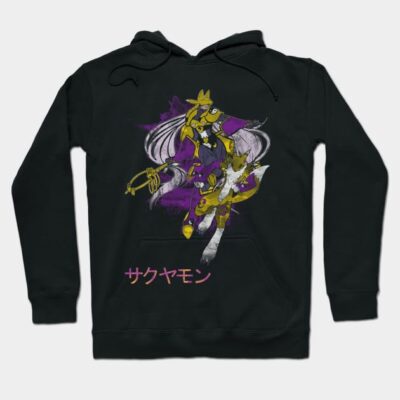 Black hoodie with vibrant anime-style purple and yellow character design, featuring Japanese text, cotton material.