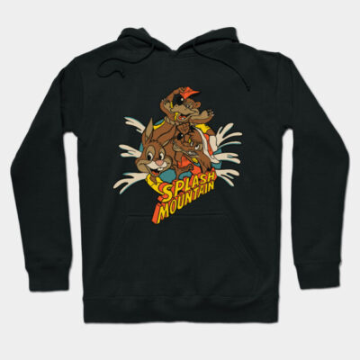Black hoodie with colorful "Splash Mountain" graphic, featuring playful cartoon animals, perfect for casual wear.