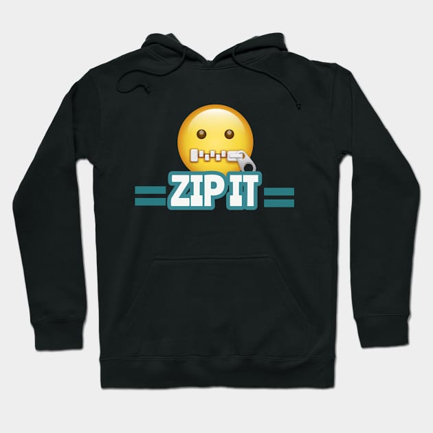 Black hoodie with "Zip It" emoji design, casual style, cotton material, unisex. Perfect for everyday wear.