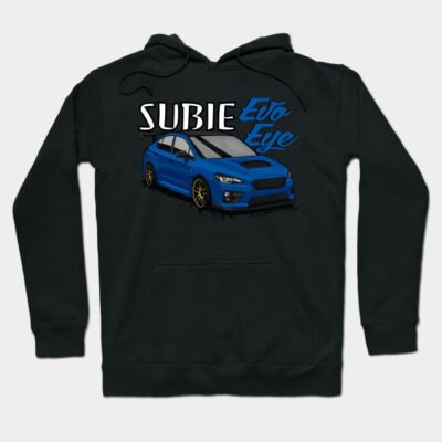 Black hoodie with blue sports car graphic and "Subie Evo Eye" text, casual style, cotton blend material.