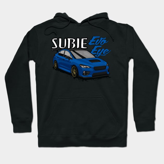 Black hoodie with blue sports car graphic and "Subie Evo Eye" text, casual style, cotton blend material.