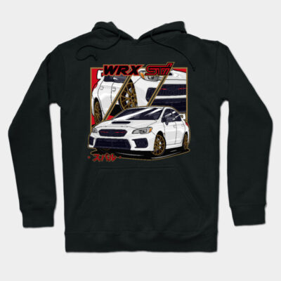 Black hoodie with white sports car graphic, red background, and bold lettering, perfect for car enthusiasts.
