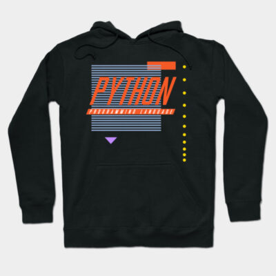 Black hoodie with retro-style "Python Programming Language" graphic, colorful geometric design, unisex casual wear.